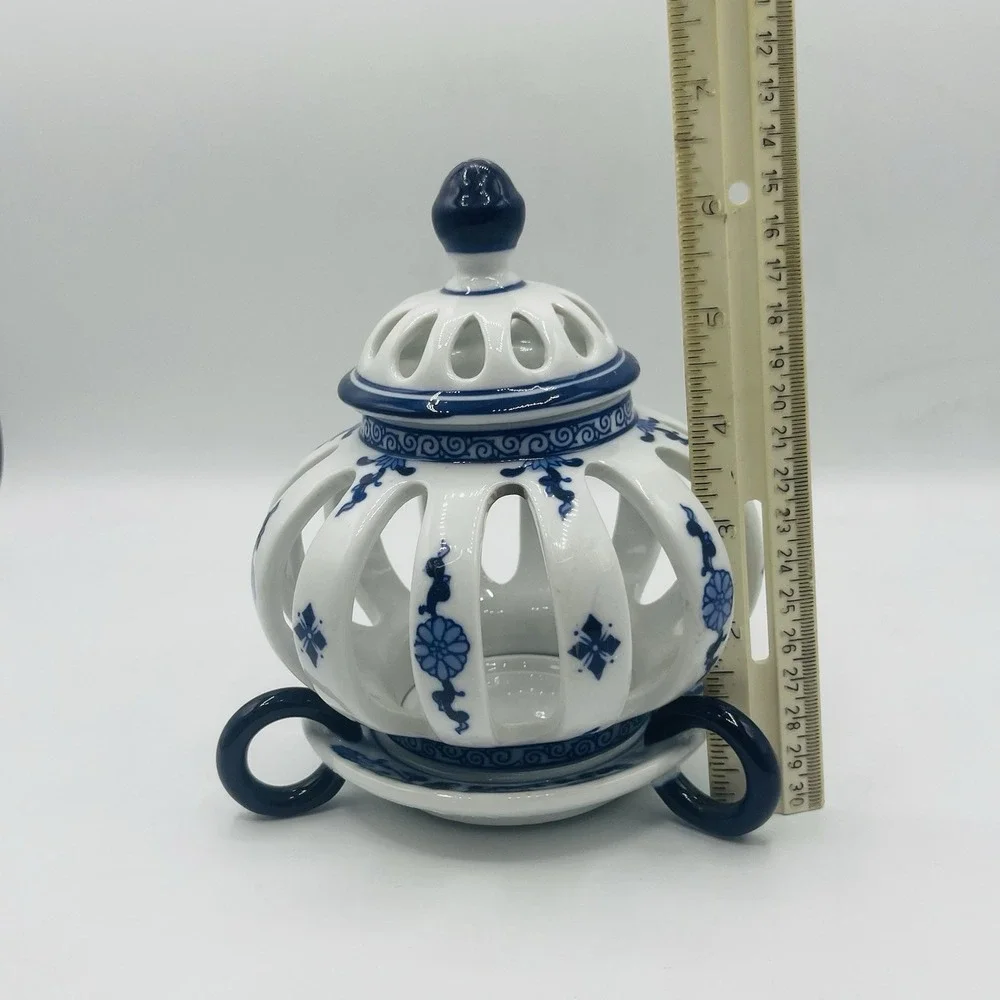 Vintage Bombay Hand painted Porcelain Votive Candle Holder Reticulated Pierced
